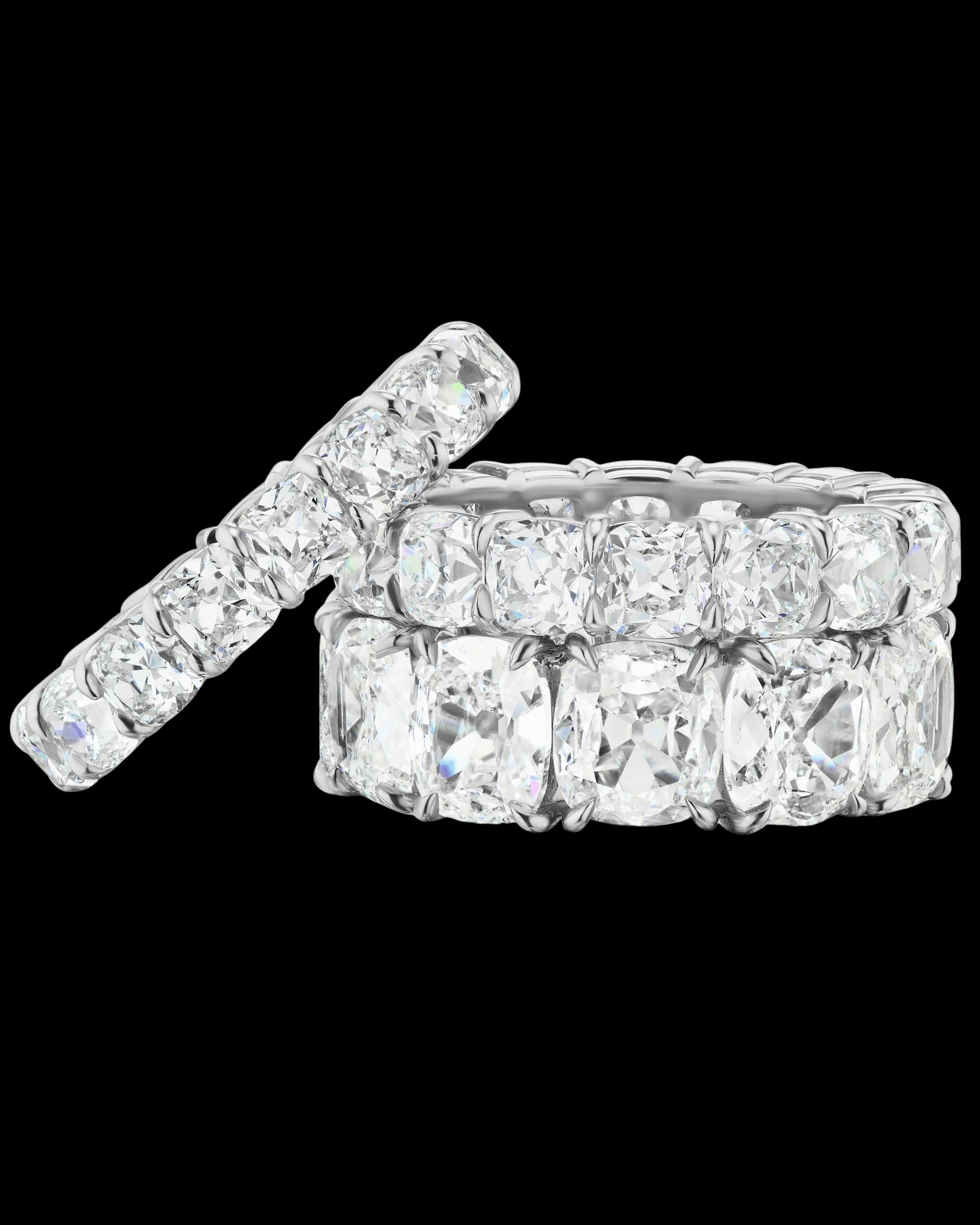 Old Mine eternity ring stack on white background